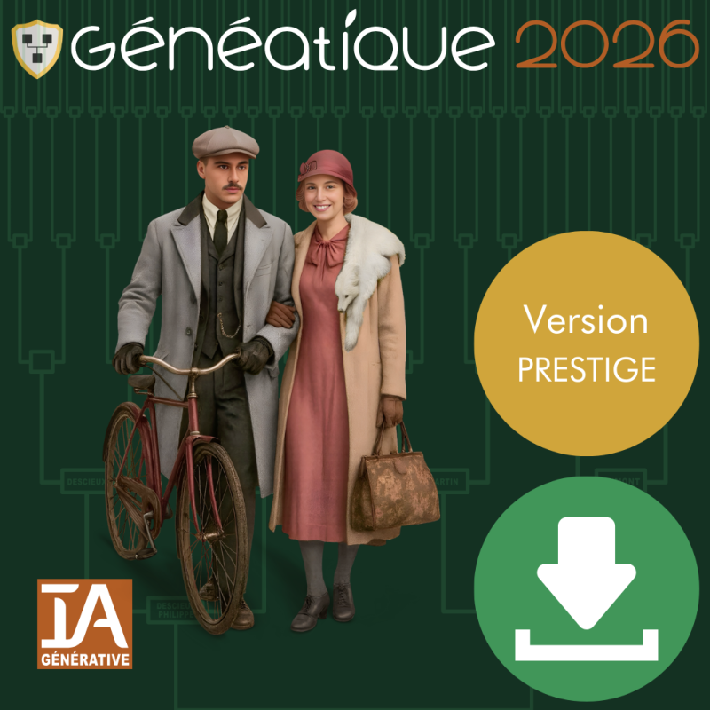 Mise à jour Généatique Prestige Edition 2026 en téléchargement + 1 an de service Essentiel sans abonnement