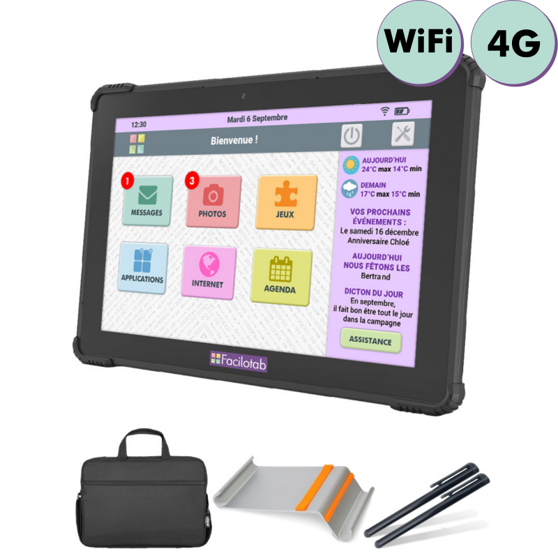 Pack Facilotab L Onyx - WiFi/4G - 32 Go - Android 10 - Support, Sacoche et 2 Stylets - Tablette simplifiée pour Seniors Pack Facilotab L Onyx - WiFi/4G - 32 Go - Android 10 - Support, Sacoche et 2 Stylets - Tablette simplifiée pour Seniors