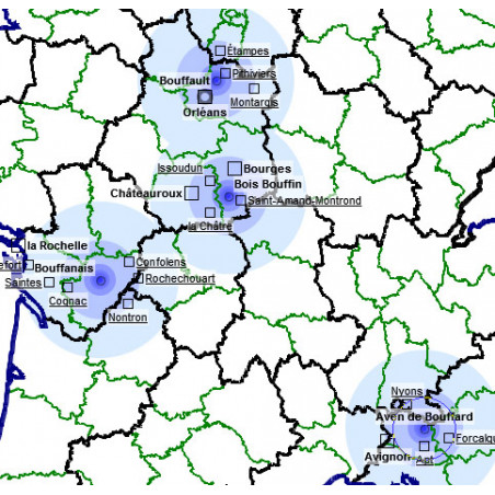 Localisations de plusieurs toponymes sur la carte