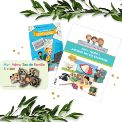 Pack enfants et généalogie 7-11 ans : Cahier d'activités Papy ! Mamie ! + Roman Le Mystère du poilu + Mémo-Jeu de généalogie