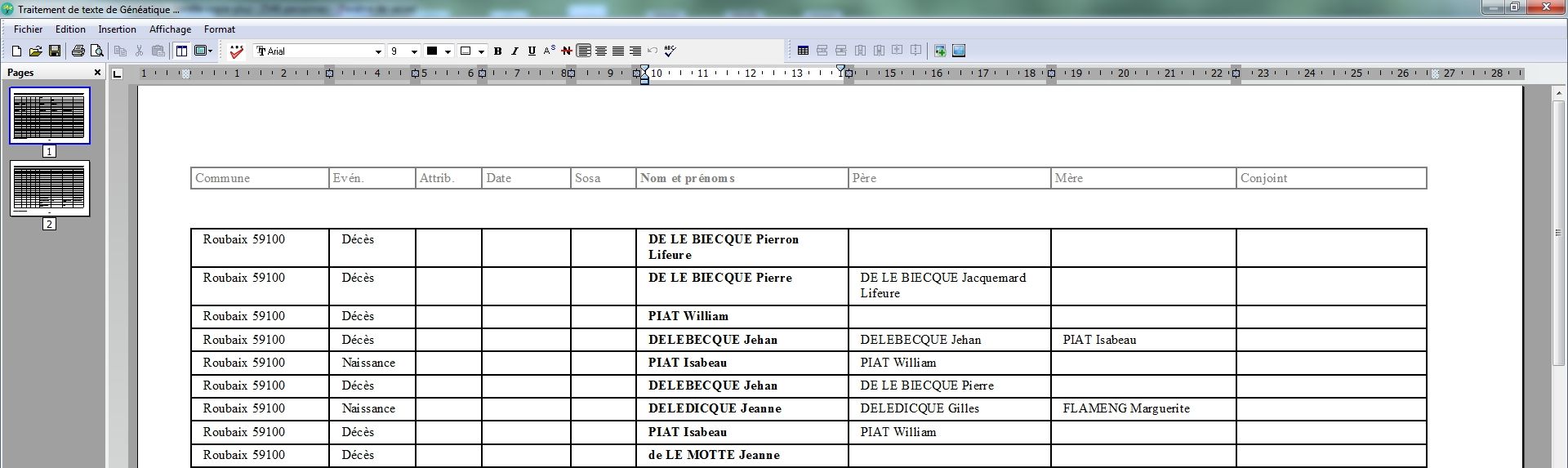 menu Lister les actes par commune