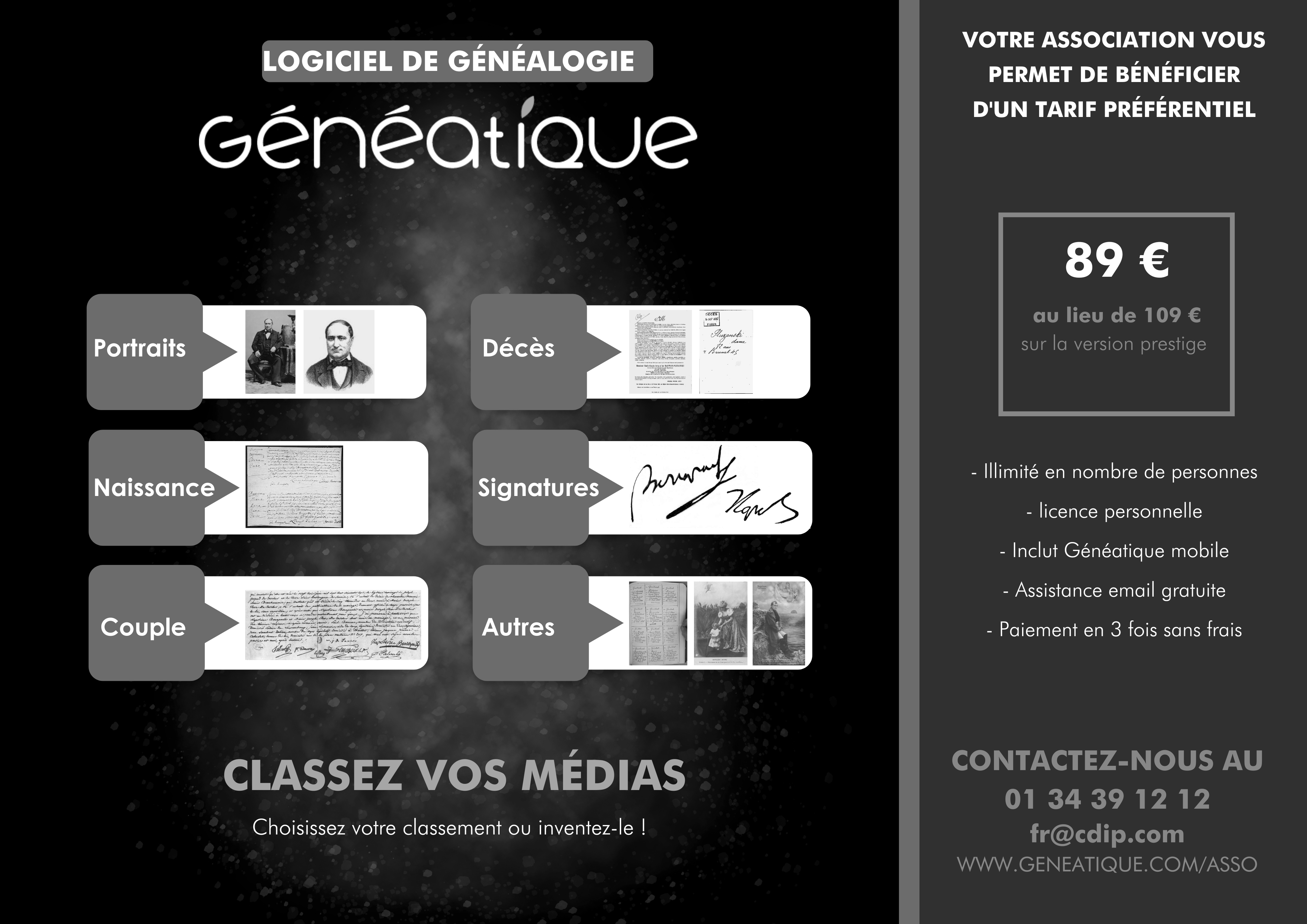 Publicité Généatique 3 Offre spéciale adhérents horizontale en Niveaux de gris